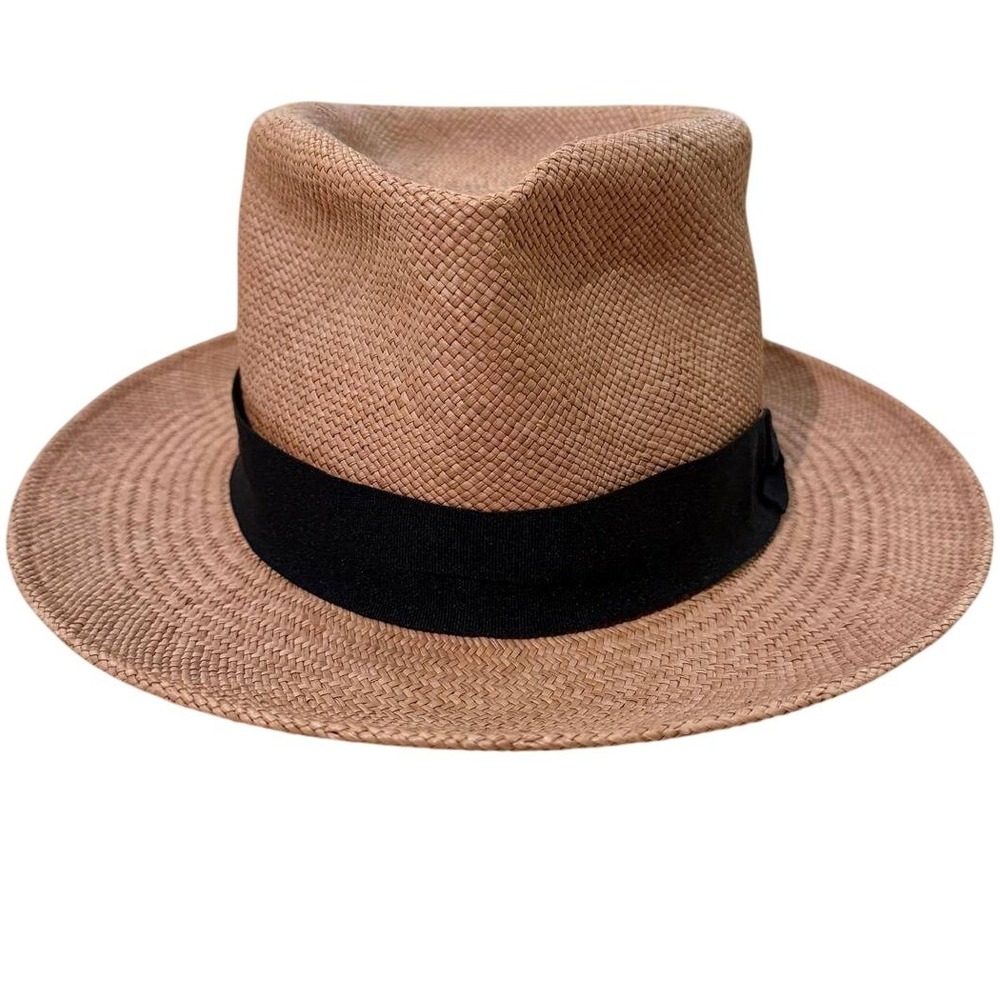 El Galpon Genuine Panama Hat Tan Natural Straw Fedora Black Band Made in Ecuador